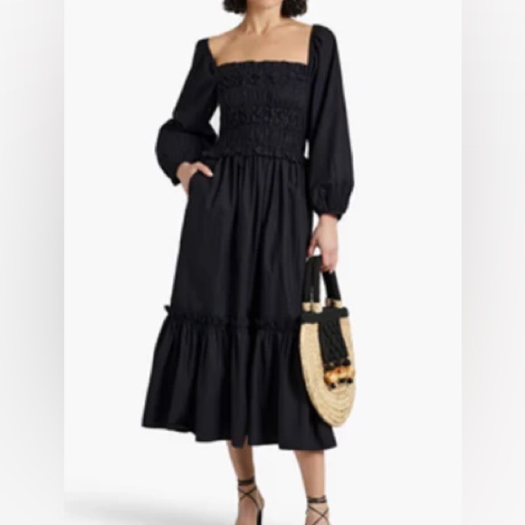 NWT CARA CARA shirred natella smocked poplin cotton midi dress puff sleeve M - Picture 4 of 6